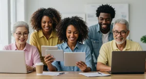 Diverse individuals reviewing 2026 ACA Marketplace health insurance plans and subsidies on digital devices.