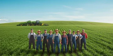 Farmers standing in a field with modern agricultural technology, symbolizing the 2026 agricultural policy shift and new subsidies.