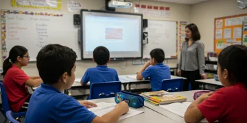 Diverse K-12 students engaging with a teacher in a modern classroom, depicting the positive impact of increased education funding.