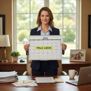 Woman planning 2026 FMLA leave with calendar and documents