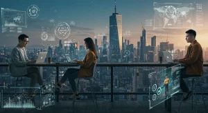 Futuristic remote workers in a dynamic 2026 gig economy setting