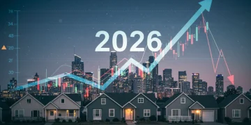 Futuristic city blending with housing market graphs and '2026' text, symbolizing future real estate trends and interest rate changes.