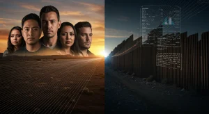 Stylized representation of US border with policy documents and diverse individuals, symbolizing 2026 immigration debate.