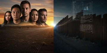 Stylized representation of US border with policy documents and diverse individuals, symbolizing 2026 immigration debate.