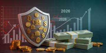 Financial shield protecting assets from inflation in 2026, representing strategic asset allocation.