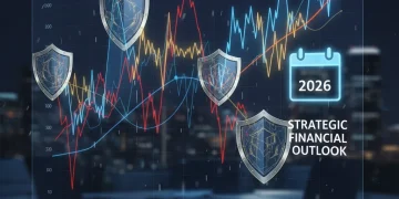 Financial chart with protective shields and 2026 calendar, symbolizing portfolio protection against market volatility.