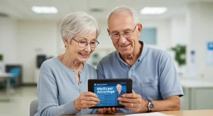 Senior couple happily reviewing 2026 Medicare Advantage plan details on a tablet