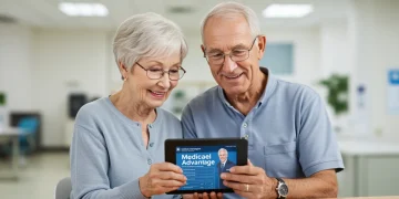 Senior couple happily reviewing 2026 Medicare Advantage plan details on a tablet
