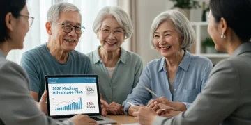 Seniors discussing 2026 Medicare Advantage plan with advisor, showing potential 15% savings.