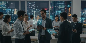 Professionals networking in a modern co-working space, exchanging digital business cards