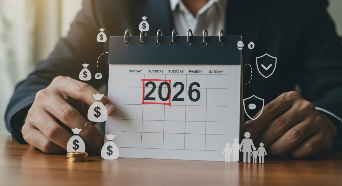 Calendar 2026 with financial icons for child tax credit planning