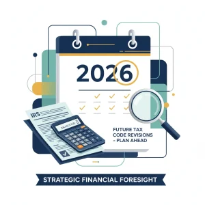 Calendar showing 2026 with tax forms and calculator, representing future tax planning.