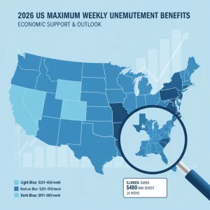 State-by-state map illustrating 2026 maximum weekly unemployment benefits and economic projections.