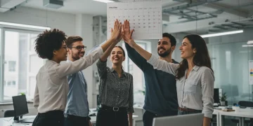 Professionals celebrating a successful 4-day workweek in a modern office.