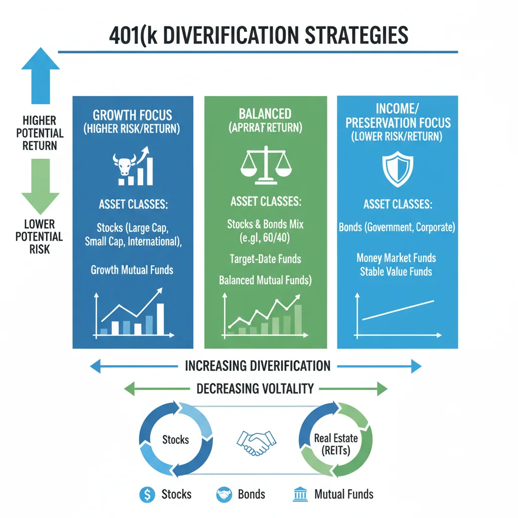 Infographic showing diversified investment portfolio within a 401(k)