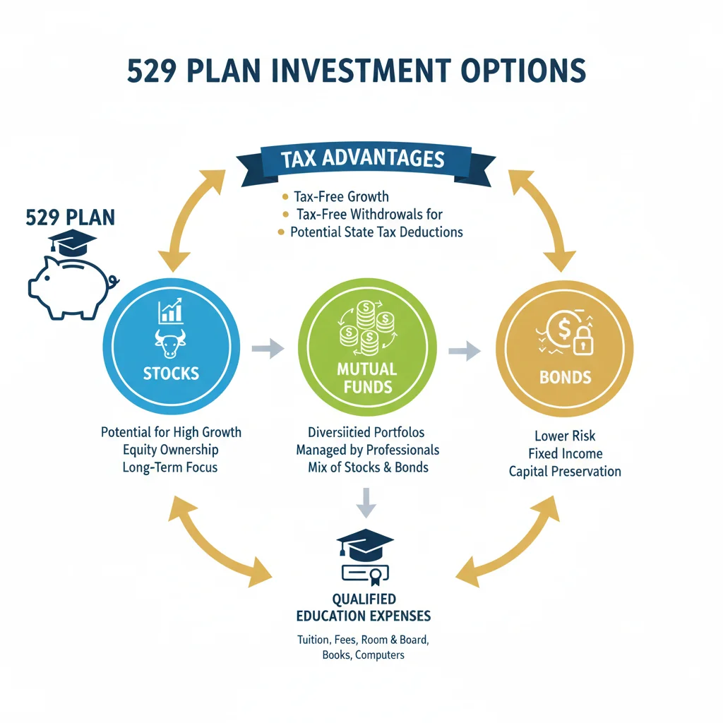 Infographic illustrating investment options and tax benefits of 529 plans