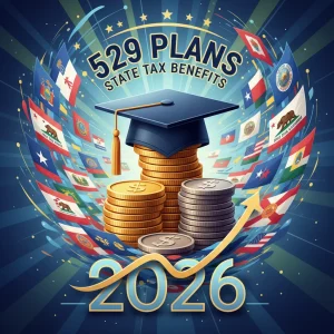 State flags surrounding a graduation cap and coins, representing 529 plan tax benefits for 2026 educational savings.