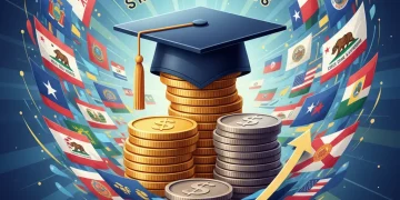 State flags surrounding a graduation cap and coins, representing 529 plan tax benefits for 2026 educational savings.