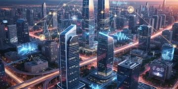 Paisaje urbano español futurista con redes 5G, simbolizando la innovación empresarial y la conectividad avanzada.