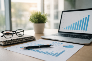 Escritório moderno com gráficos financeiros