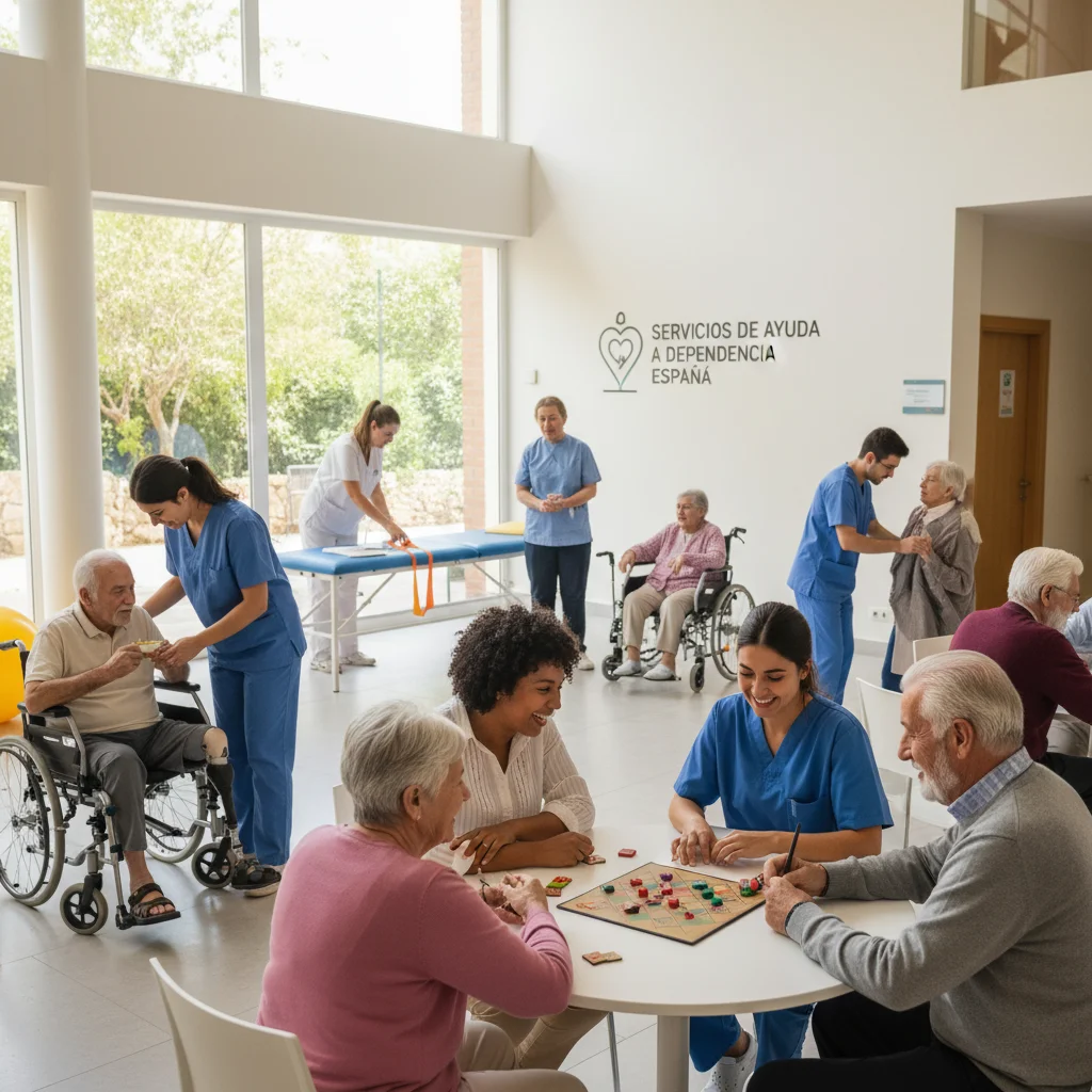 Grupo de personas mayores realizando actividades asistidas, mostrando los beneficios de las ayudas a la dependencia.