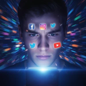 Persona con rostro iluminado por pantalla de smartphone, rodeada de iconos de redes sociales.