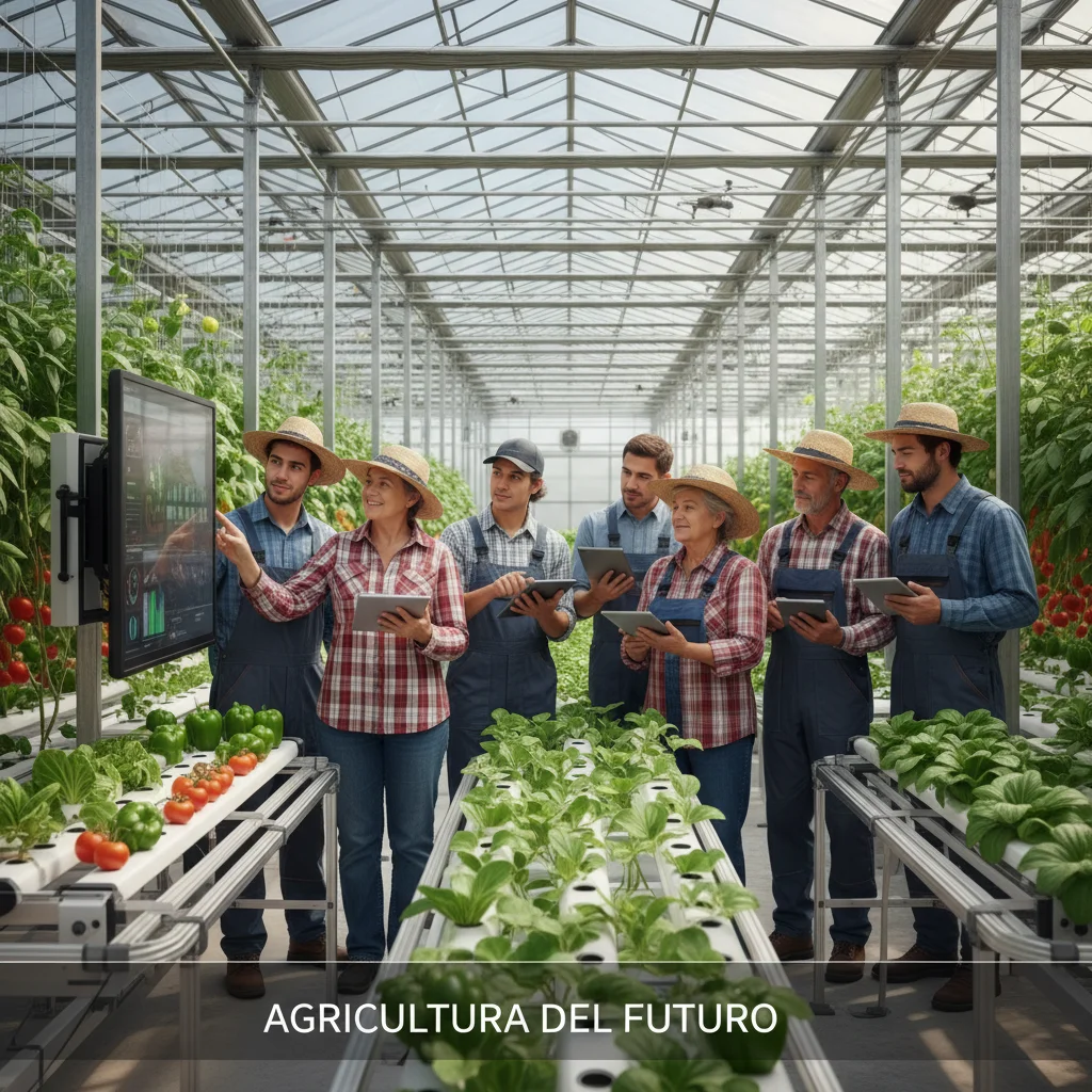 Agricultores españoles colaborando en un invernadero moderno, representando el futuro del sector.