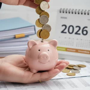 Mano sosteniendo una hucha con monedas, con documentos financieros y un calendario de 2026 de fondo, simbolizando el ahorro para la jubilación y la planificación fiscal.