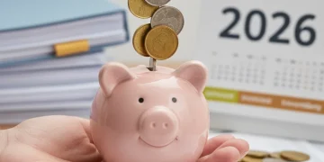 Mano sosteniendo una hucha con monedas, con documentos financieros y un calendario de 2026 de fondo, simbolizando el ahorro para la jubilación y la planificación fiscal.