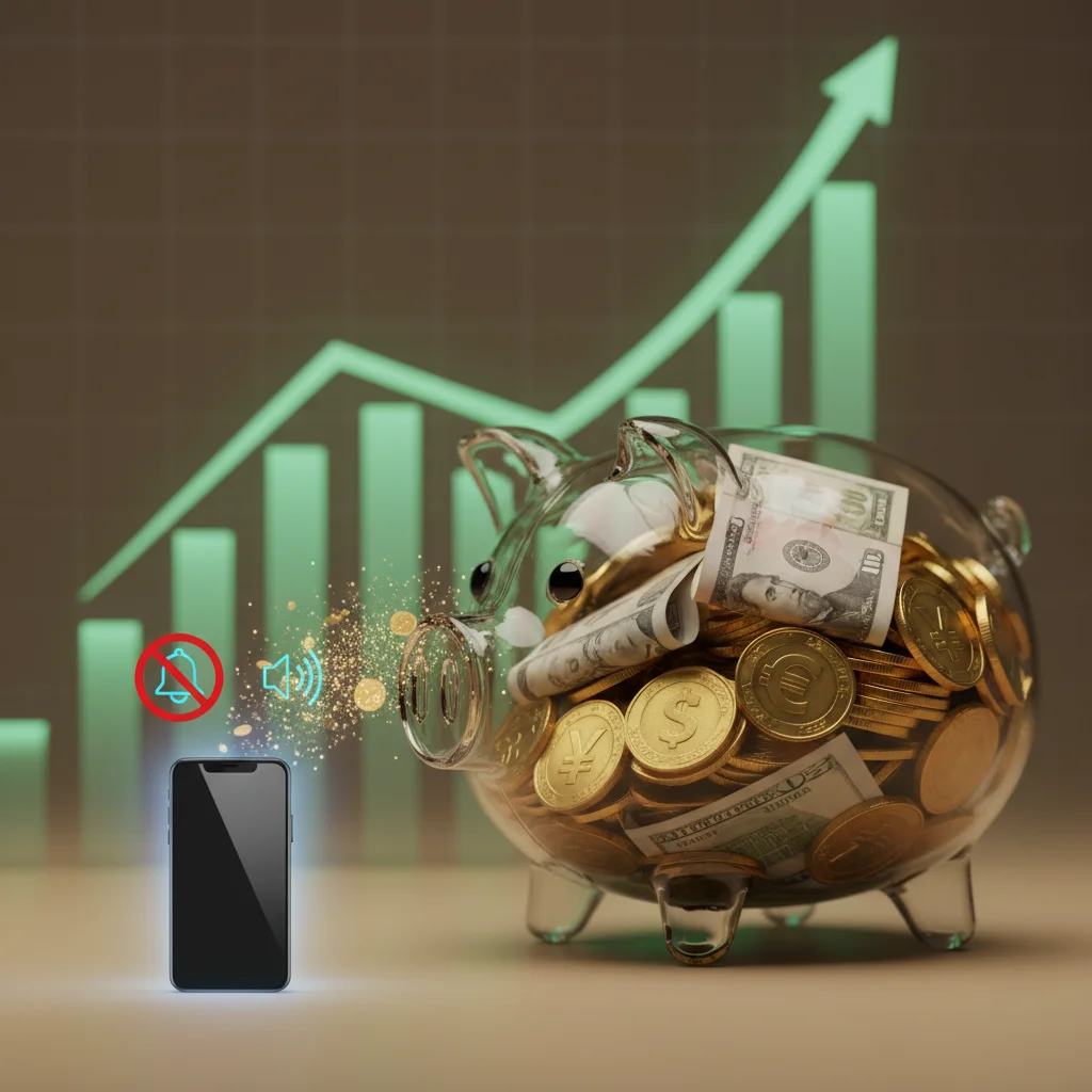 Monedas y billetes creciendo junto a un ícono de teléfono silenciado, representando el ahorro por menos distracciones.