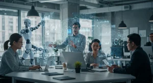 Professionals collaborating with AI technology in a modern office, symbolizing career growth and adaptation.