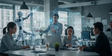Professionals collaborating with AI technology in a modern office, symbolizing career growth and adaptation.