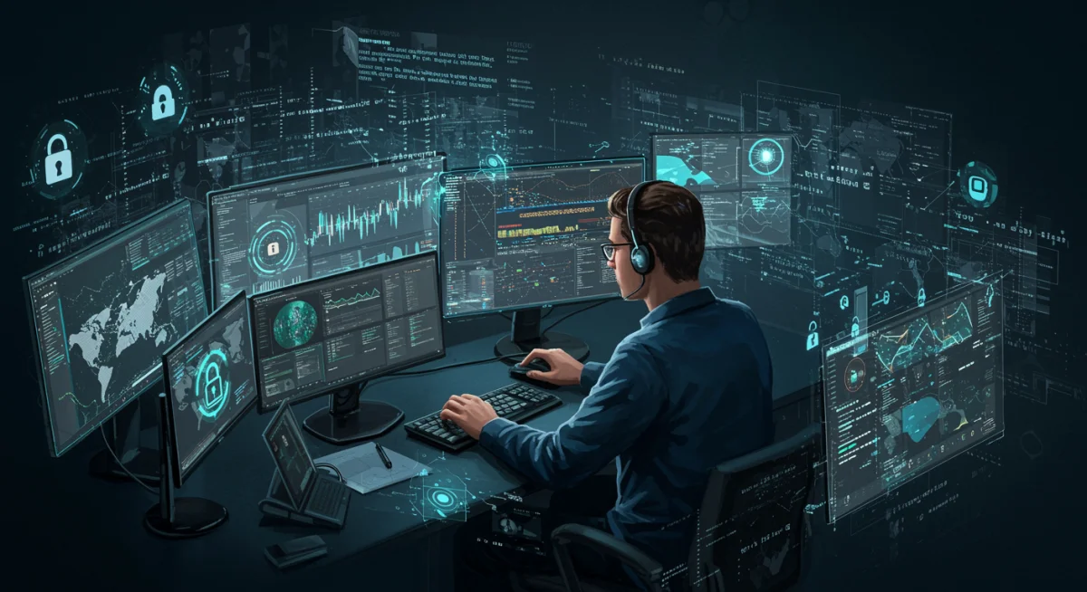 Cybersecurity analyst using AI tools to monitor and protect digital infrastructure from threats.