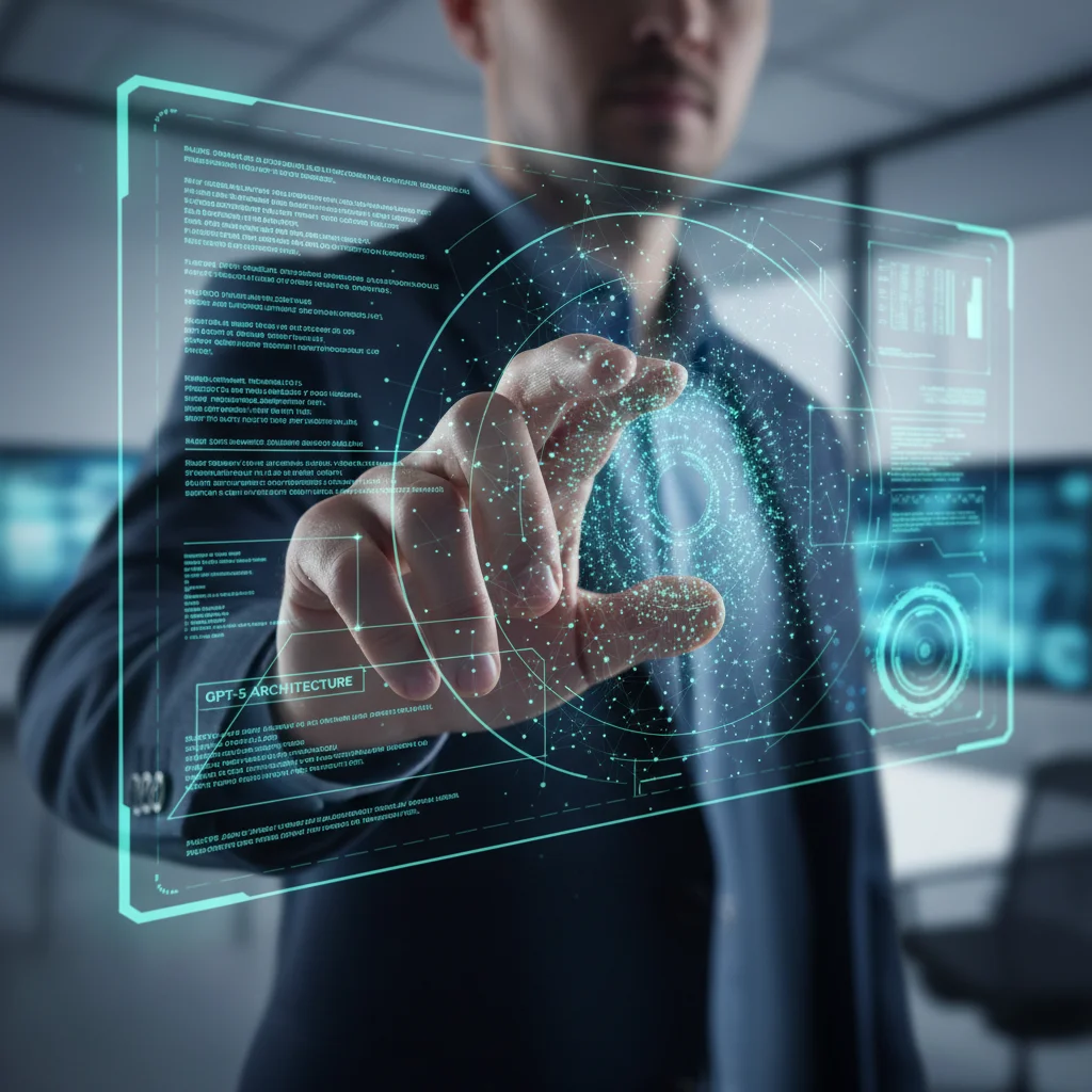 Hand interacting with holographic AI and data science interface
