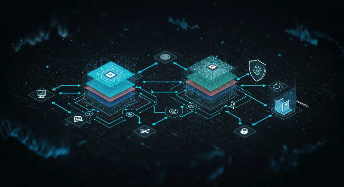 Complex network diagram showing data flow and AI-driven security measures against cyberattacks.