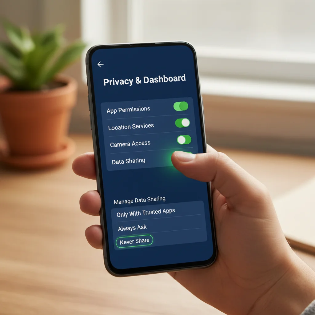 Mano ajustando configuraciones de privacidad en un smartphone, mostrando control sobre los datos personales.