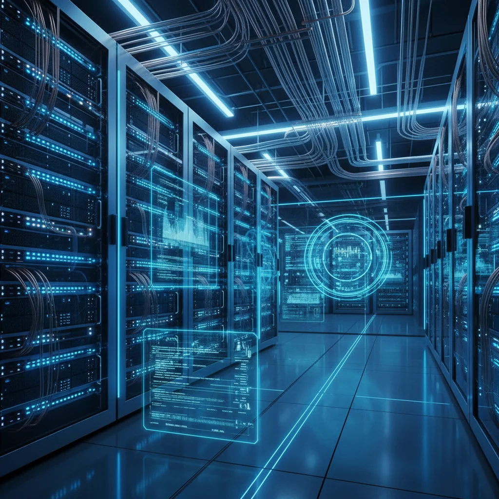 Server room with glowing blue lights representing algorithmic power
