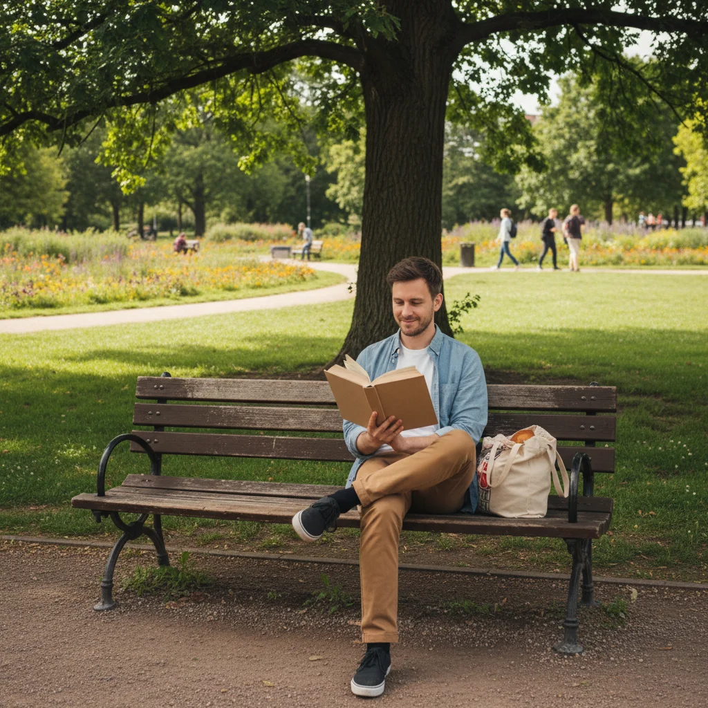Persona disfrutando de una actividad offline, como leer un libro en un parque, como alternativa al consumo digital.