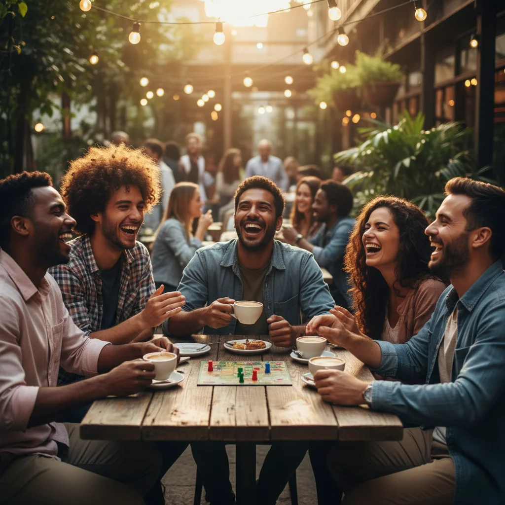 Grupo de amigos riendo y disfrutando de una interacción real sin teléfonos.