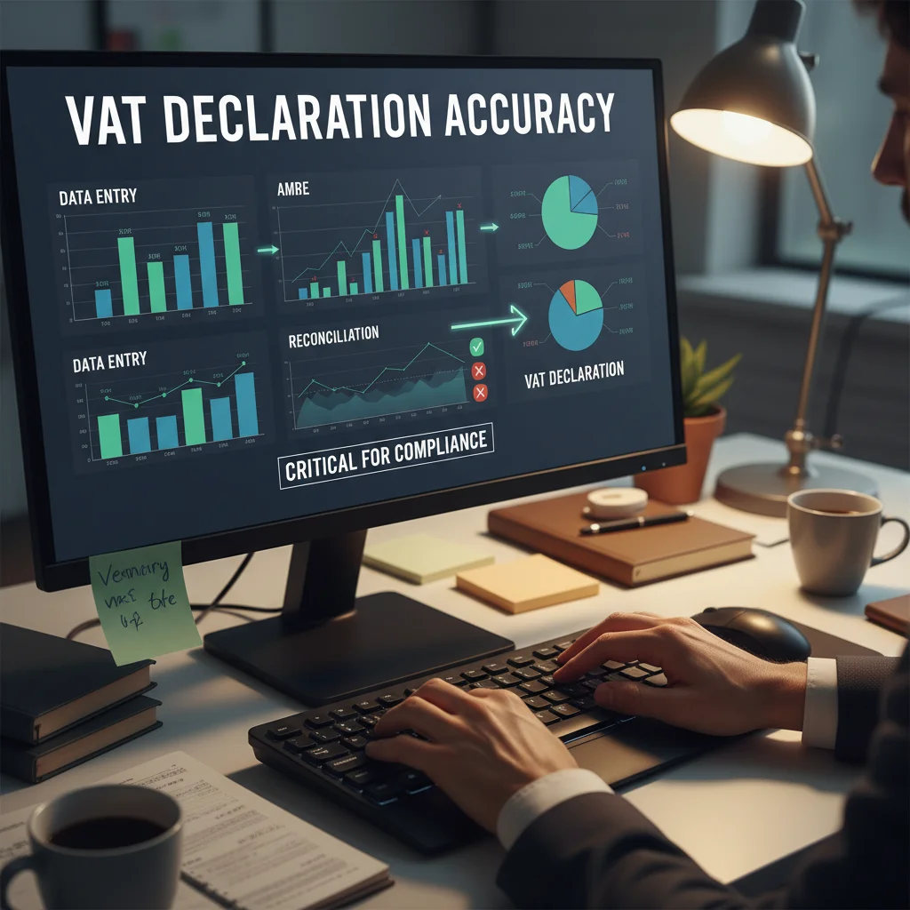Gráficos y datos fiscales en pantalla de computadora con manos escribiendo, simbolizando la precisión en la entrada de datos para el IVA.