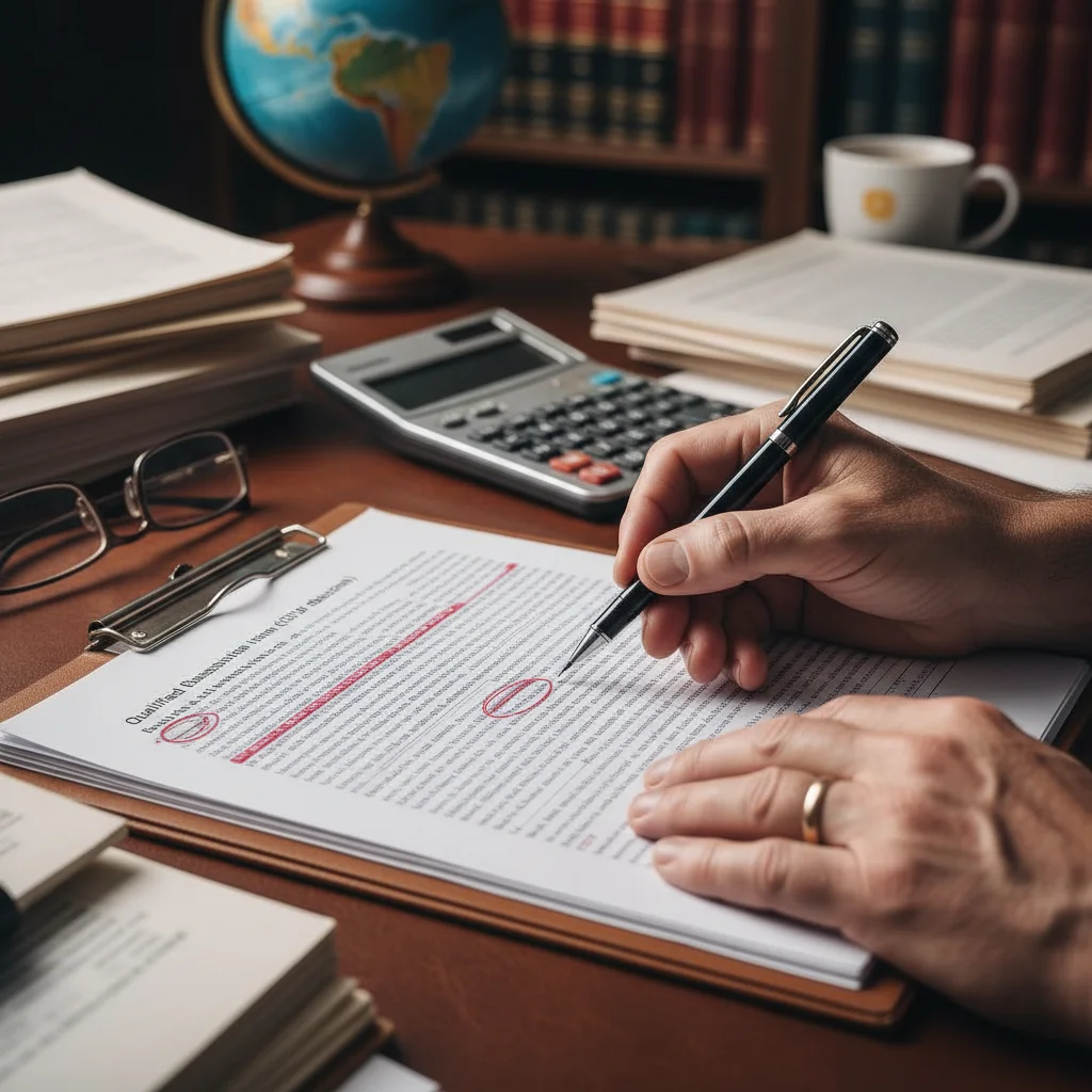 Manos señalando cláusulas importantes en un documento fiscal complejo con una lapicera y calculadora.