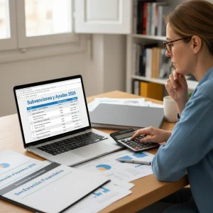 Persona analizando documentos fiscales y calculando ayudas para la Renta 2026 en España.