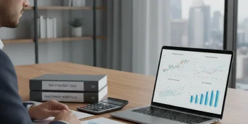 Persona analizando documentos fiscales y gráficos de inversión para optimizar su declaración de renta.