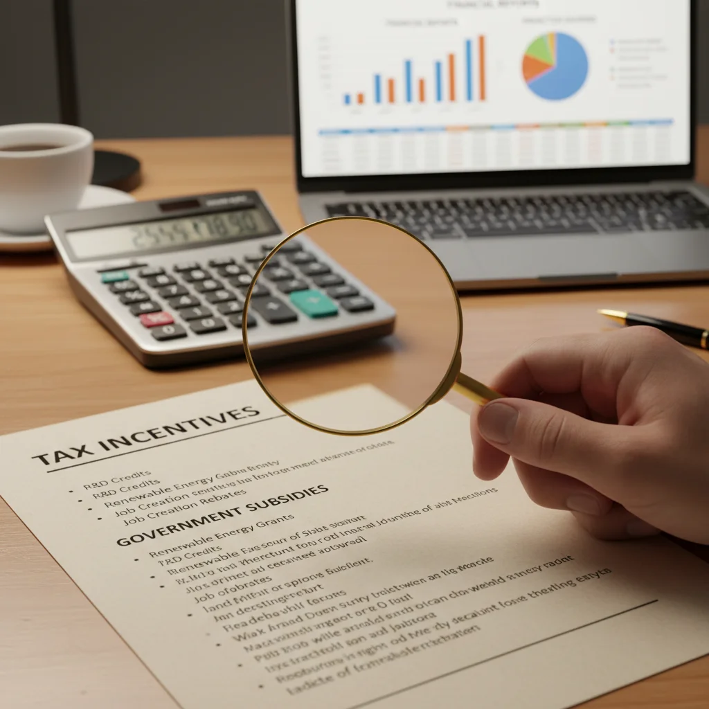 Mano con lupa examinando documentos de incentivos fiscales y subvenciones, con calculadora y laptop al fondo.