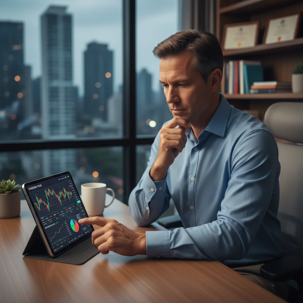 Inversor analizando gráficos bursátiles y datos financieros en una tablet, tomando decisiones de inversión.