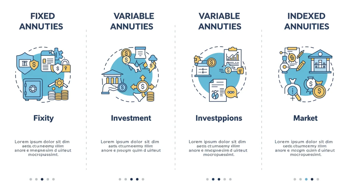 Infographic comparing fixed, variable, and indexed annuity types and features.