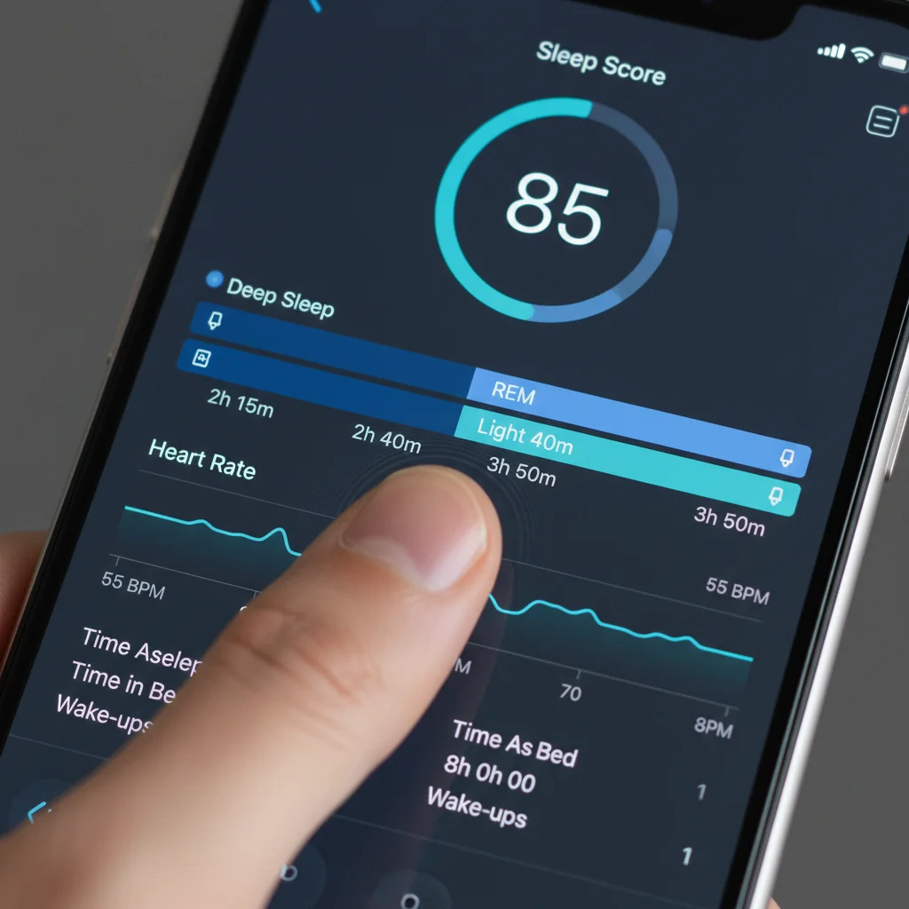 Pantalla de smartphone con aplicación de monitoreo de sueño mostrando datos detallados.