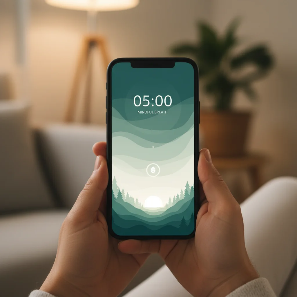 Pantalla de smartphone con aplicación de mindfulness y temporizador de 5 minutos, con manos sosteniendo el dispositivo.