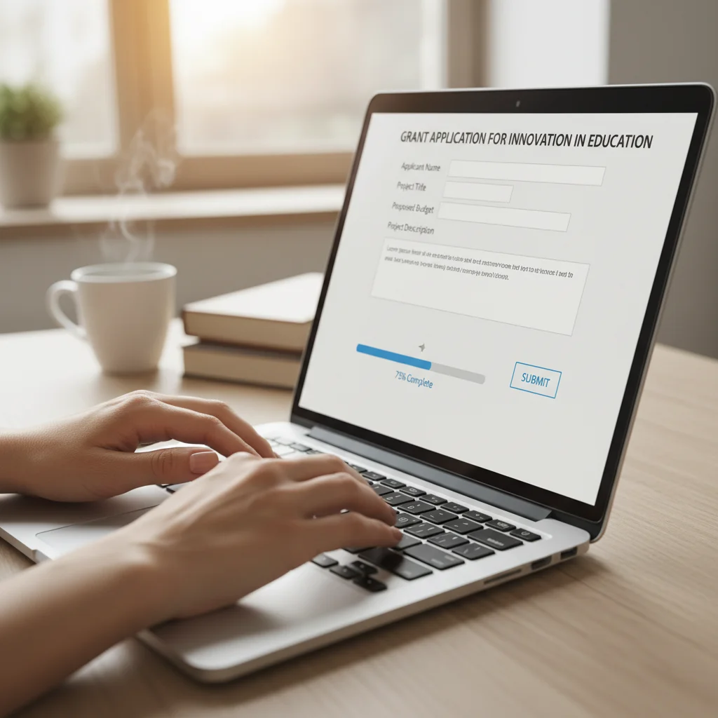 Woman's hands typing on a laptop, completing an online grant application form.