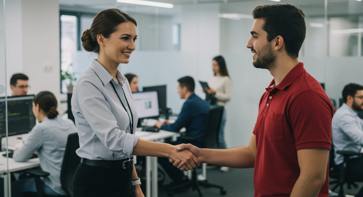 HR manager shaking hands with a new apprentice in a corporate office setting, symbolizing successful job placement